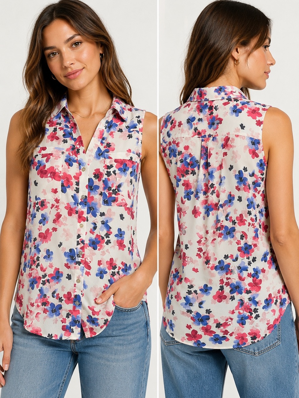 Express Floral Sleeveless Portofino Button Front Blouse Medium Pink Blue